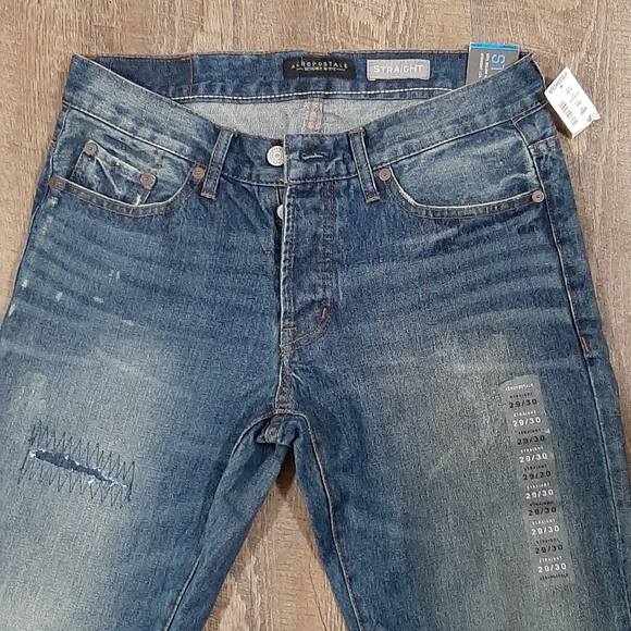NEW Aeropostale Men's 29 x 30 Straight Leg Distressed Patched Denim Blue Jeans - Picture 2 of 7